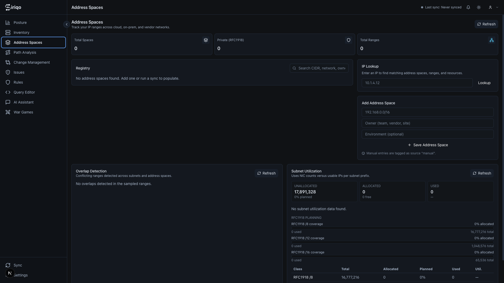 Address Spaces view showing IP range management and subnet utilization
